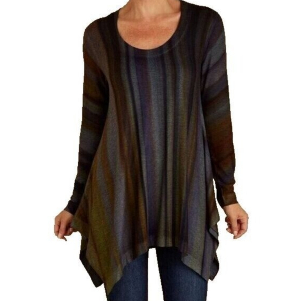 Soft Surroundings Esha Stripe Scoopneck Shark Bite Hem Long Sleeve Sweater - Picture 2 of 8